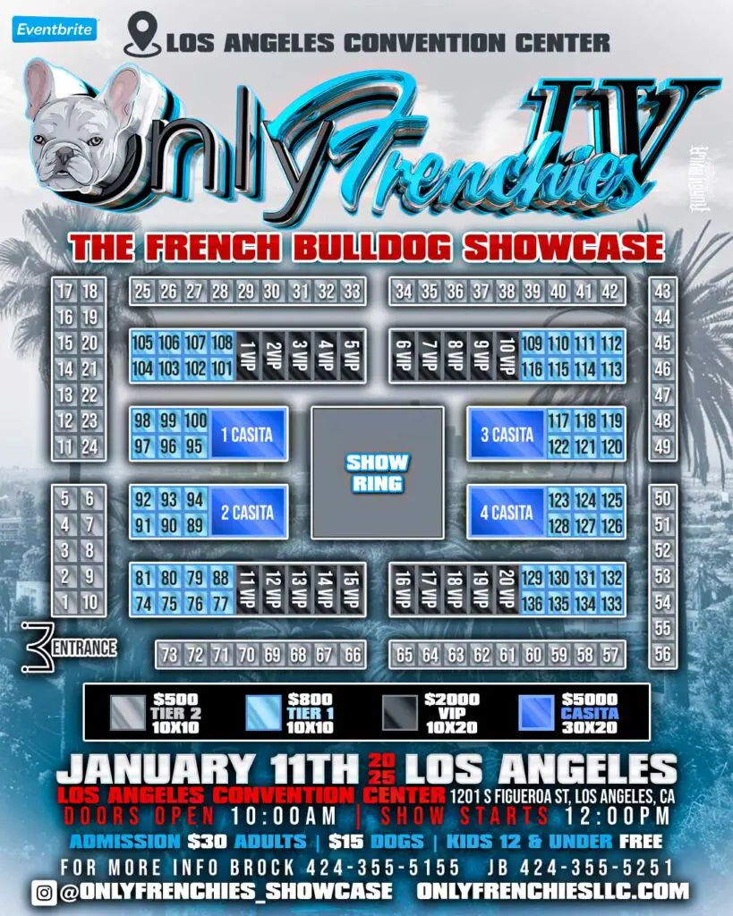 Onlyfrenchies 4 french bulldog showcase meet up Los Angeles booth layout